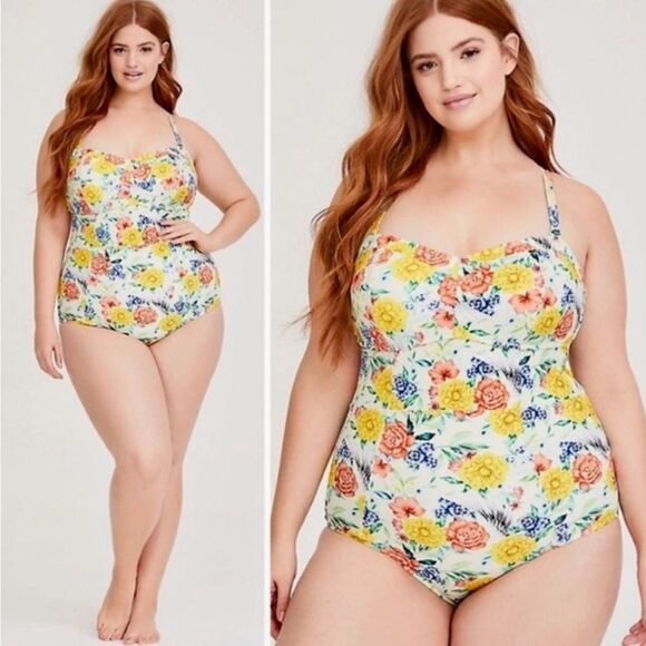 Torrid Vixen Ivory Yellow Floral 1 pc Swimsuit Padded Size 1/1X - Picture 3 of 9